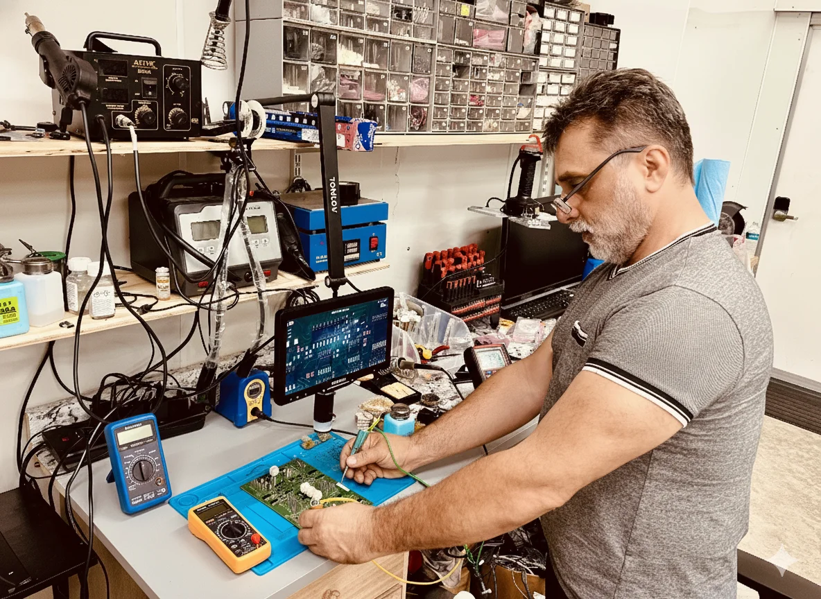AutoIQ Electrical Services owner performing professional automotive module diagnostics and repair at workbench with OEM-level equipment